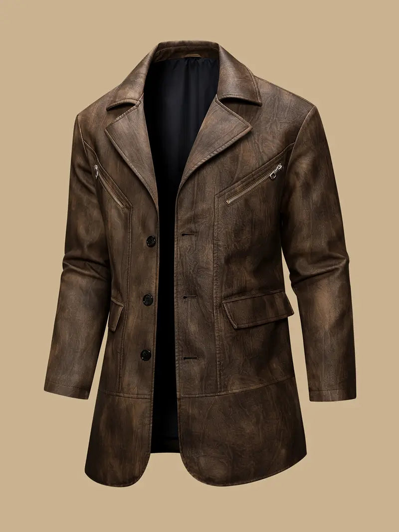 Winter and autumn men's coat - British industrial style PU long-necked suit jacket - retro motorcycle jacket