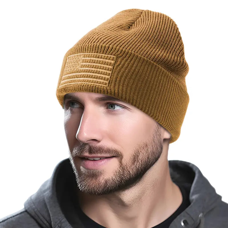 One olive green American flag knitted cap