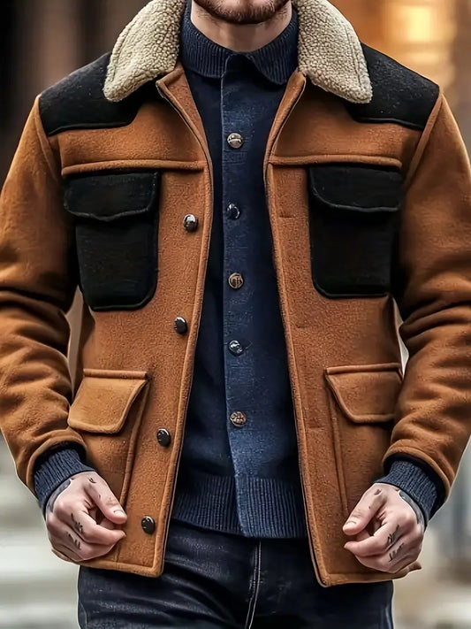 Men's retro fleece multi-pocket color-block outdoor warm jacket