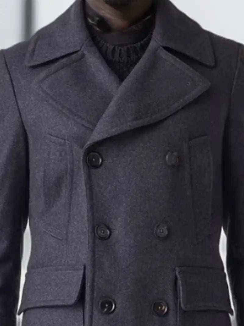 Men's long-style fashionable lapel double-breasted woolen overcoat for wind protection