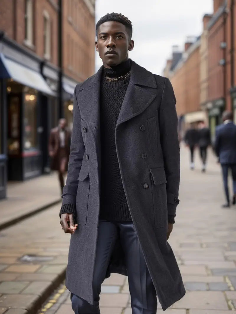 Men's long-style fashionable lapel double-breasted woolen overcoat for wind protection