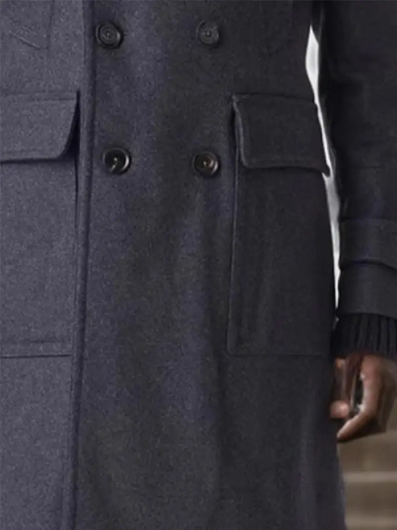 Men's long-style fashionable lapel double-breasted woolen overcoat for wind protection