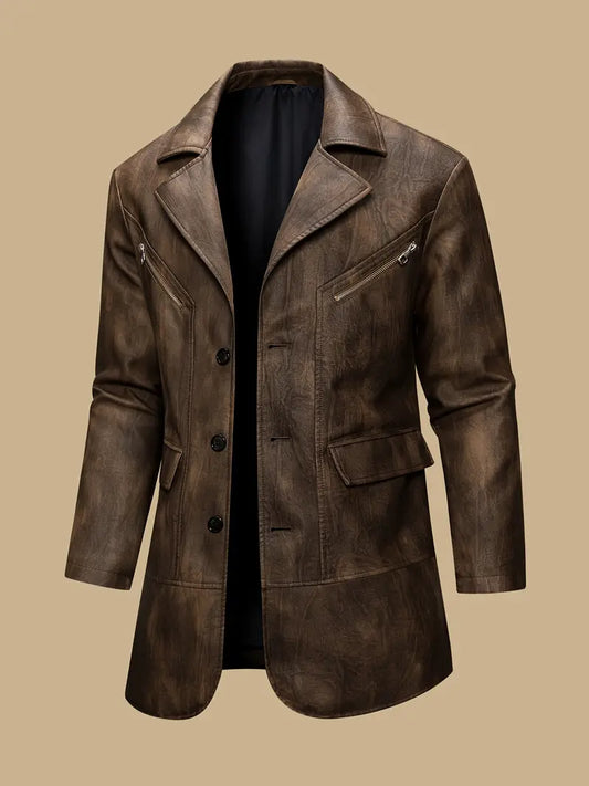 Winter and autumn men's coat - British industrial style PU long-necked suit jacket - retro motorcycle jacket